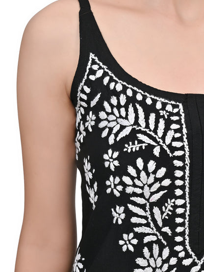 MS CHIKAN ARTS Women's Rayon Sleeveless Lucknowi Chikankari Hand Work Round Neck Kurti