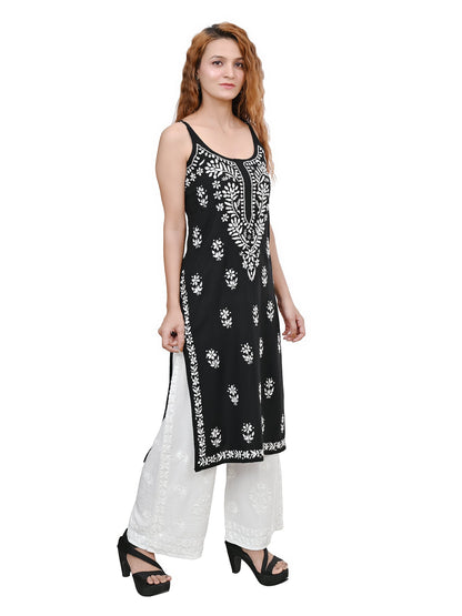 MS CHIKAN ARTS Women's Rayon Sleeveless Lucknowi Chikankari Hand Work Round Neck Kurti
