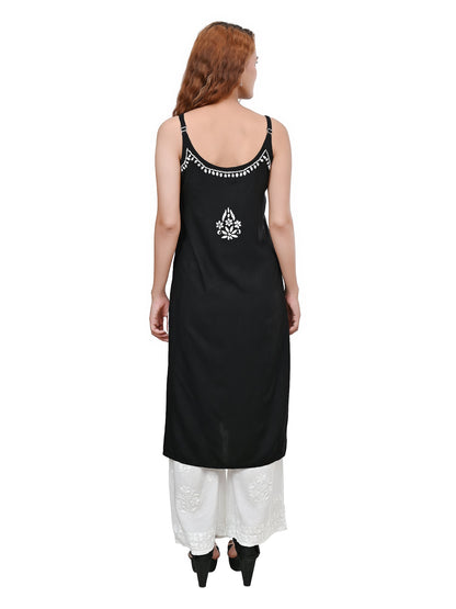 MS CHIKAN ARTS Women's Rayon Sleeveless Lucknowi Chikankari Hand Work Round Neck Kurti
