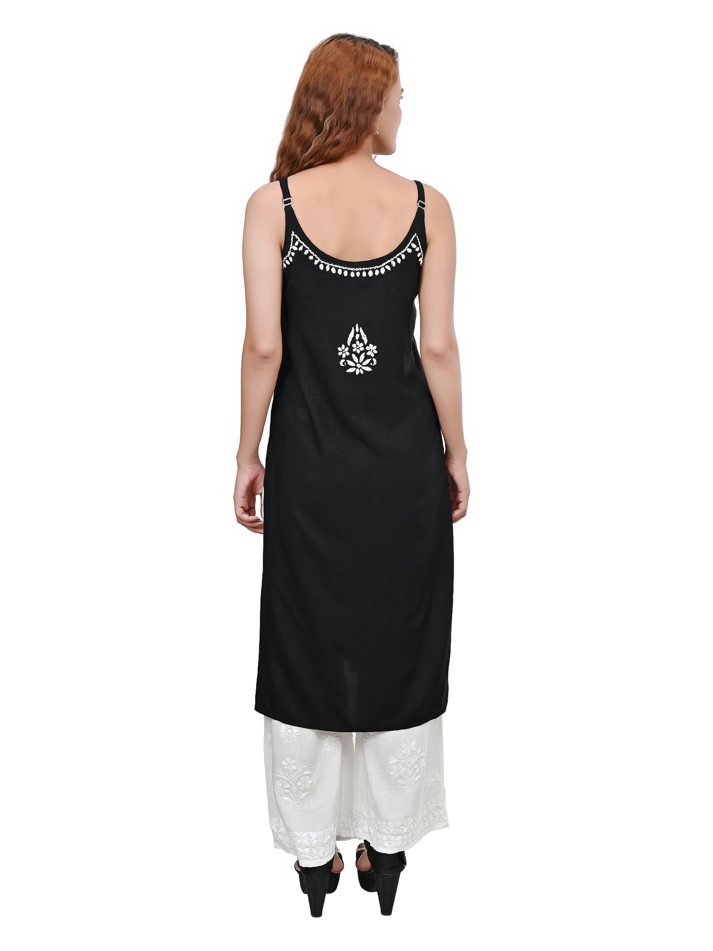 MS CHIKAN ARTS Women's Rayon Sleeveless Lucknowi Chikankari Hand Work Round Neck Kurti