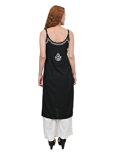 MS CHIKAN ARTS Women's Rayon Sleeveless Lucknowi Chikankari Hand Work Round Neck Kurti