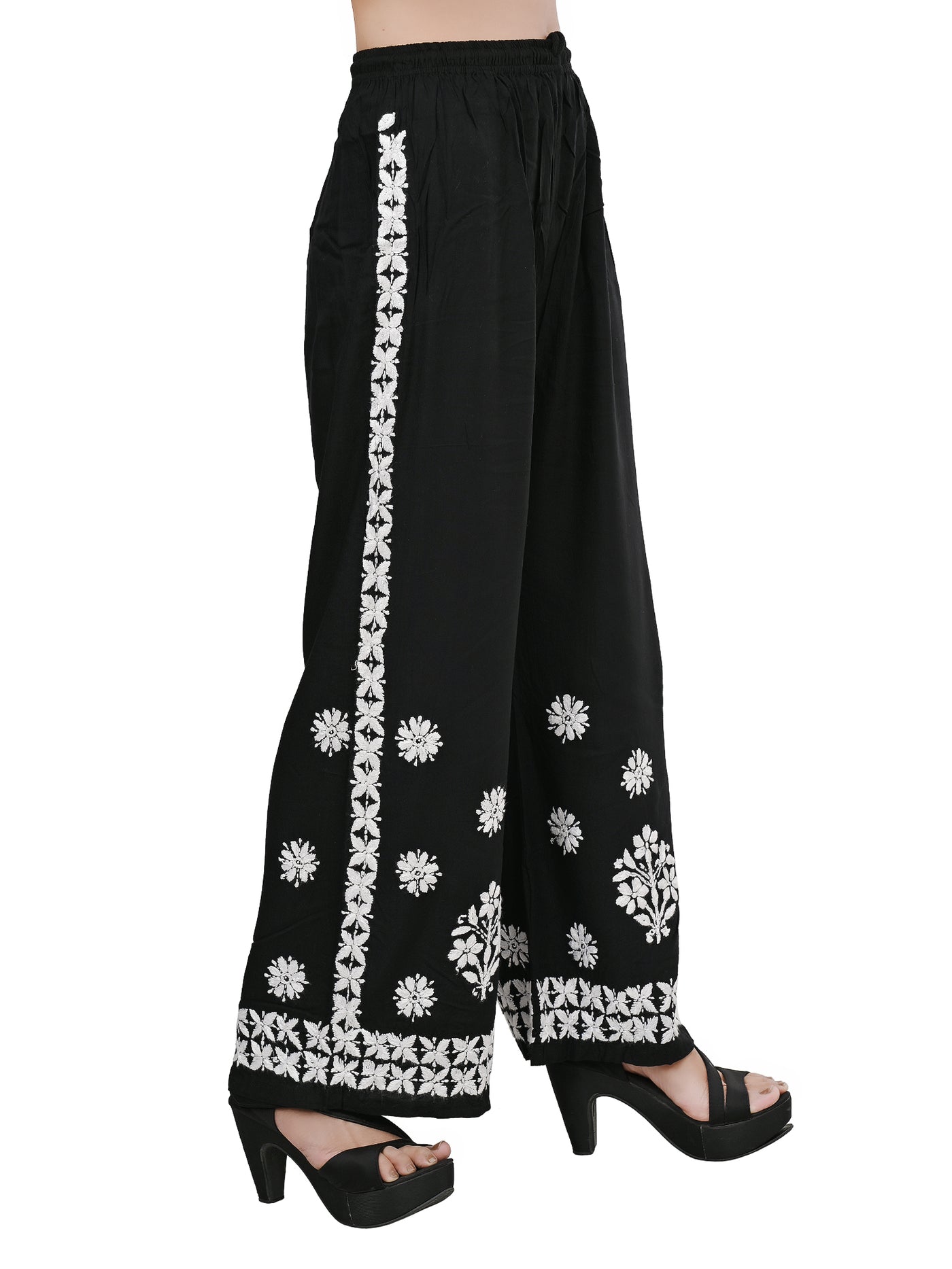 MS CHIKAN ARTS Women's Rayon Lucknowi Chikankari Hand Embroidered Plazzo