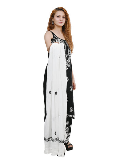 MS CHIKAN ARTS Women's Cotton Chikankari with Black Theard Work & Lace Border Dupatta