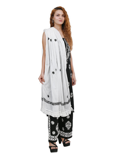 MS CHIKAN ARTS Women's Cotton Chikankari with Black Theard Work & Lace Border Dupatta