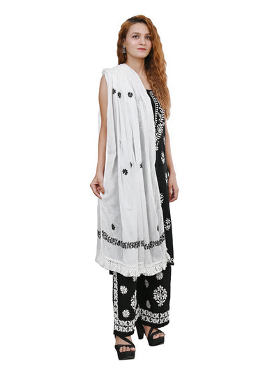 MS CHIKAN ARTS Women's Cotton Chikankari with Black Theard Work & Lace Border Dupatta