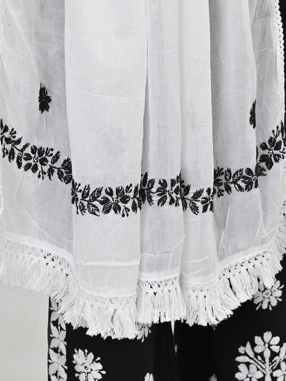 MS CHIKAN ARTS Women's Cotton Chikankari with Black Theard Work & Lace Border Dupatta