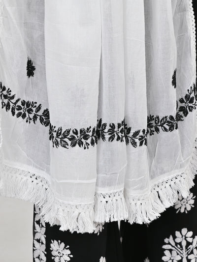MS CHIKAN ARTS Women's Cotton Chikankari with Black Theard Work & Lace Border Dupatta