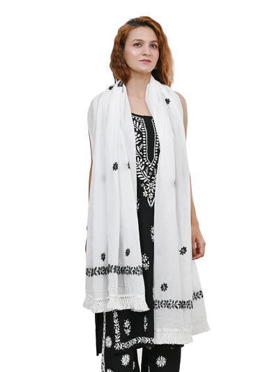 MS CHIKAN ARTS Women's Cotton Chikankari with Black Theard Work & Lace Border Dupatta