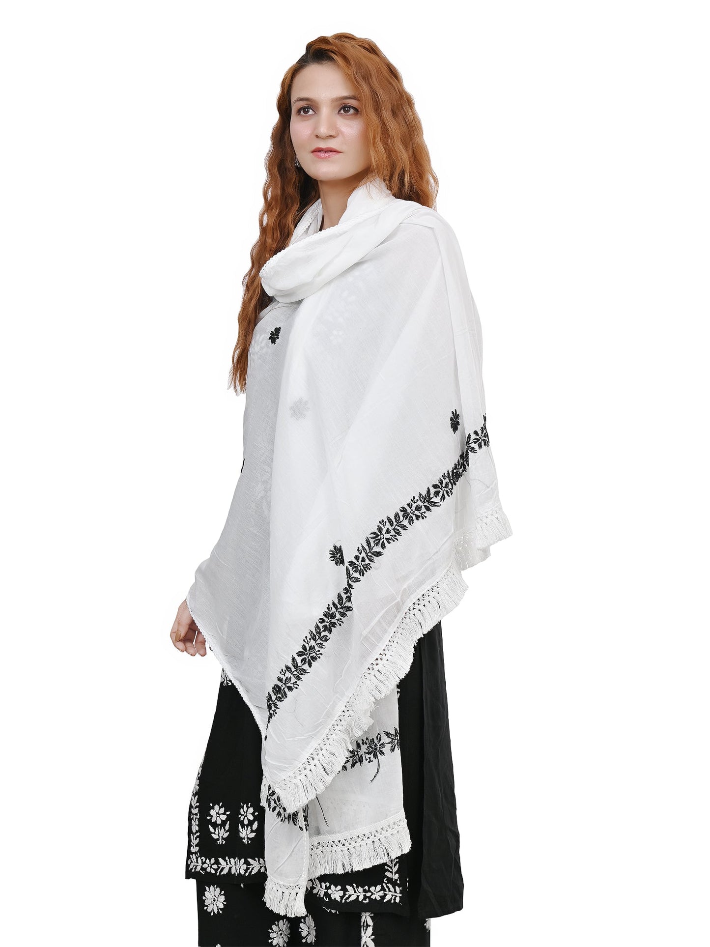 MS CHIKAN ARTS Women's Cotton Chikankari with Black Theard Work & Lace Border Dupatta