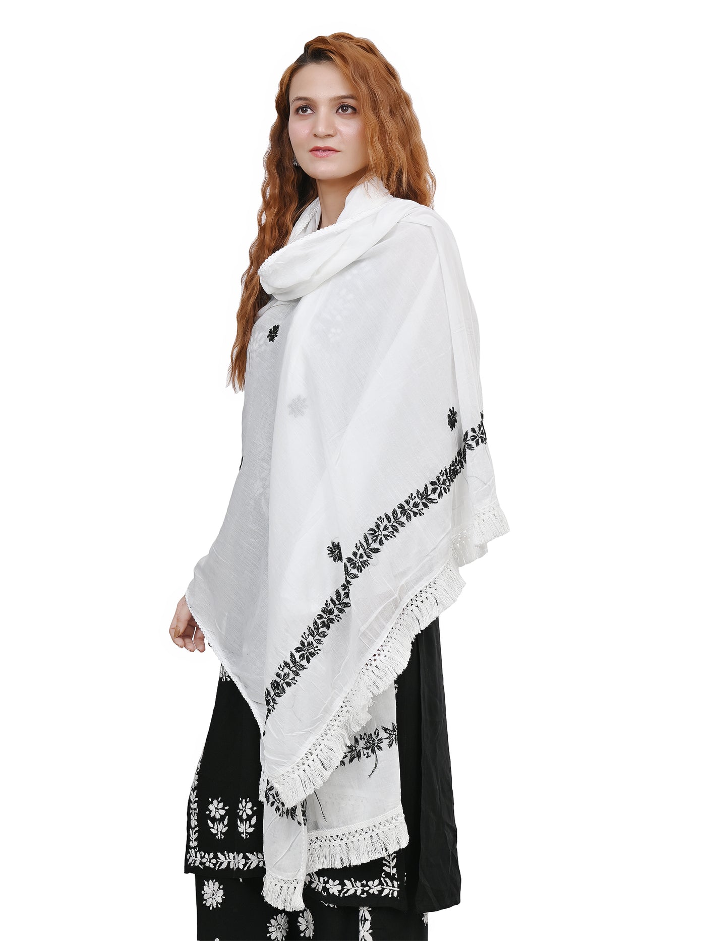 MS CHIKAN ARTS Women's Cotton Chikankari with Black Theard Work & Lace Border Dupatta