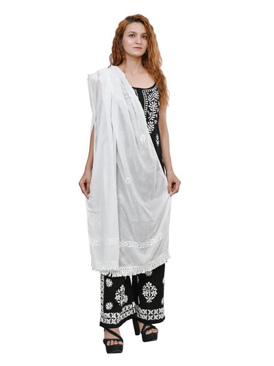 MS CHIKAN ARTS Women's Cotton Chikankari with Lace Border Dupatta