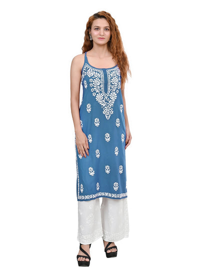 MS CHIKAN ARTS Women's Rayon Sleeveless Lucknowi Chikankari Hand Work Round Neck Kurti