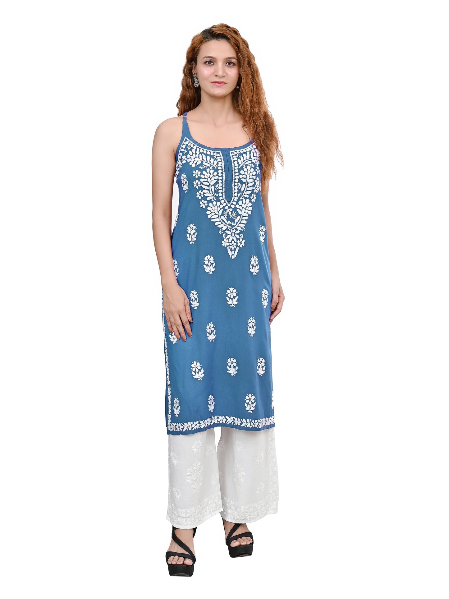 MS CHIKAN ARTS Women's Rayon Sleeveless Lucknowi Chikankari Hand Work Round Neck Kurti