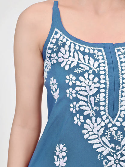 MS CHIKAN ARTS Women's Rayon Sleeveless Lucknowi Chikankari Hand Work Round Neck Kurti