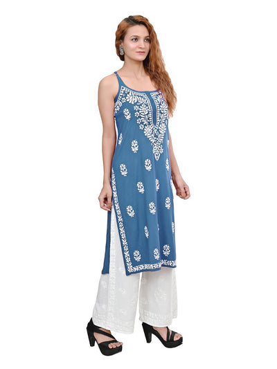 MS CHIKAN ARTS Women's Rayon Sleeveless Lucknowi Chikankari Hand Work Round Neck Kurti