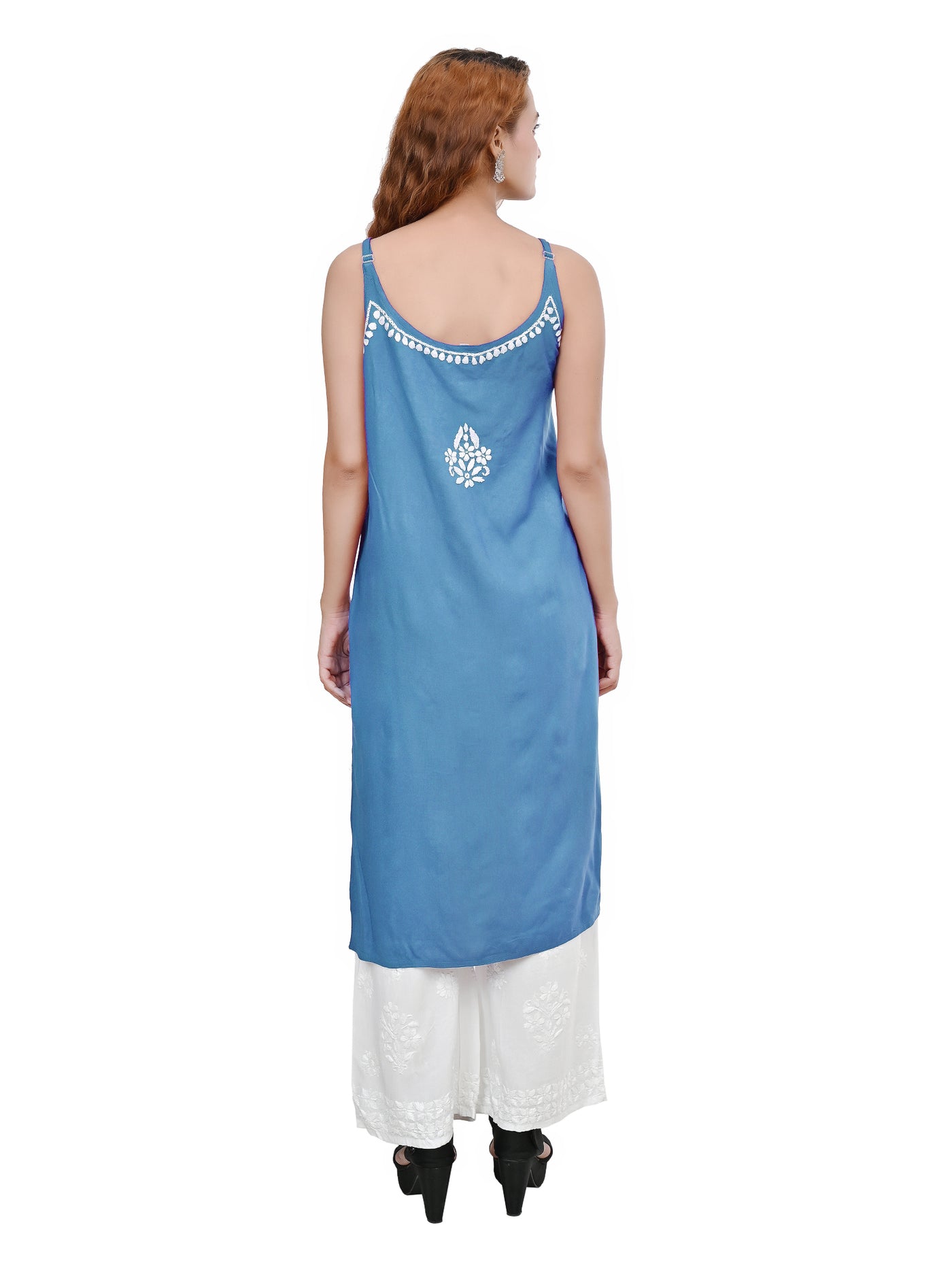MS CHIKAN ARTS Women's Rayon Sleeveless Lucknowi Chikankari Hand Work Round Neck Kurti