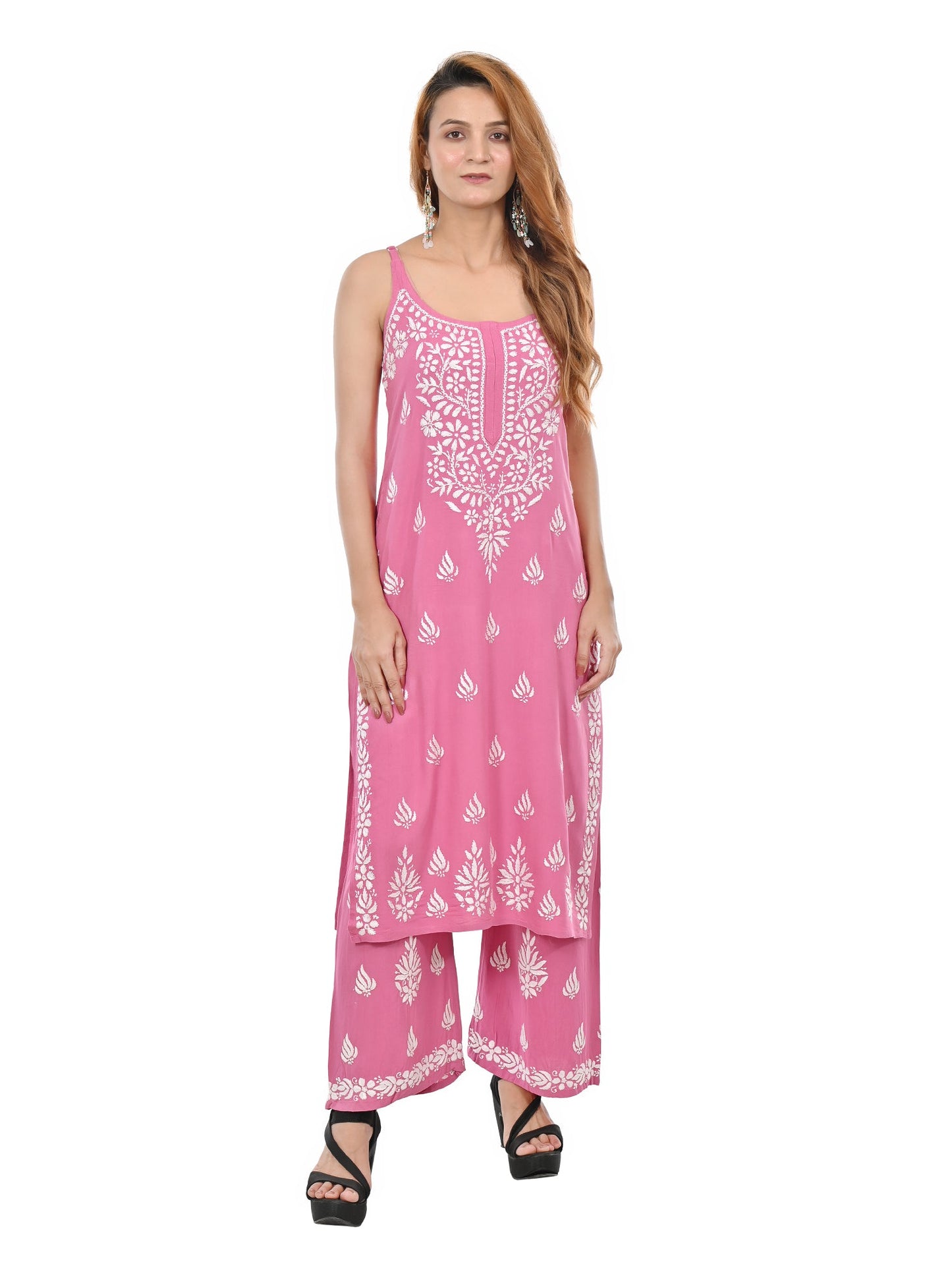 MS CHIKAN ARTS Women's Rayon Sleeveless Kurti with Palazzo Set, Lucknowi Chikankari Hand Embroidery