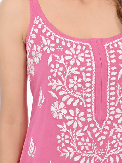 MS CHIKAN ARTS Women's Rayon Sleeveless Kurti with Palazzo Set, Lucknowi Chikankari Hand Embroidery