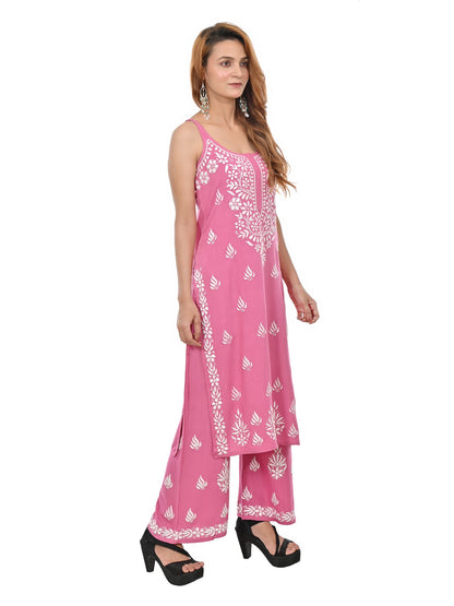 MS CHIKAN ARTS Women's Rayon Sleeveless Kurti with Palazzo Set, Lucknowi Chikankari Hand Embroidery