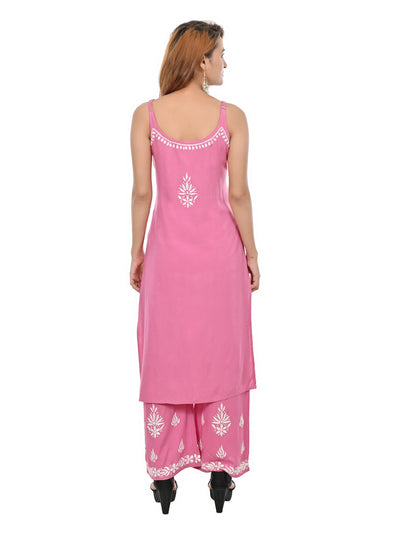 MS CHIKAN ARTS Women's Rayon Sleeveless Kurti with Palazzo Set, Lucknowi Chikankari Hand Embroidery