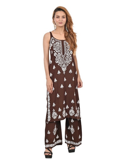 MS CHIKAN ARTS Women's Rayon Sleeveless Kurti with Palazzo Set, Lucknowi Chikankari Hand Embroidery