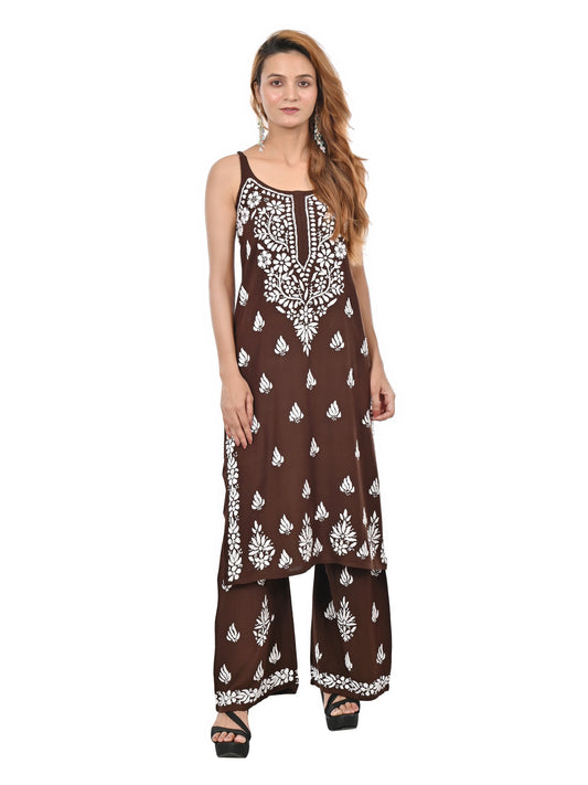 MS CHIKAN ARTS Women's Rayon Sleeveless Kurti with Palazzo Set, Lucknowi Chikankari Hand Embroidery