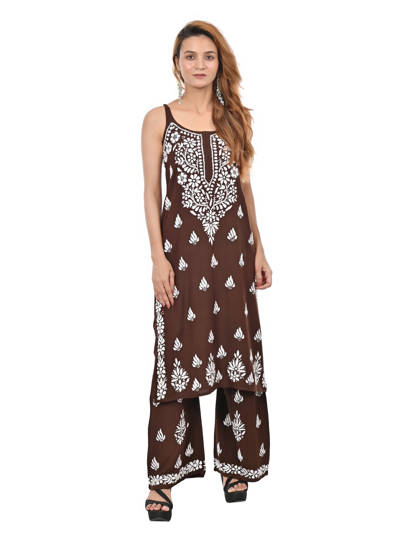 MS CHIKAN ARTS Women's Rayon Sleeveless Kurti with Palazzo Set, Lucknowi Chikankari Hand Embroidery