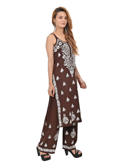 MS CHIKAN ARTS Women's Rayon Sleeveless Kurti with Palazzo Set, Lucknowi Chikankari Hand Embroidery