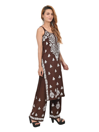 MS CHIKAN ARTS Women's Rayon Sleeveless Kurti with Palazzo Set, Lucknowi Chikankari Hand Embroidery