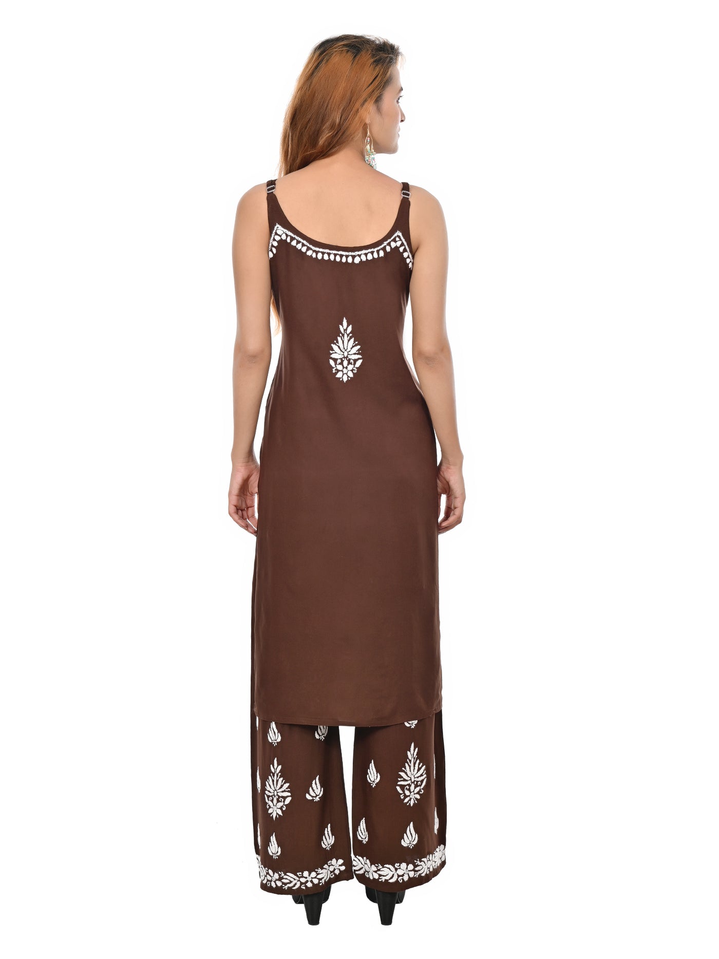 MS CHIKAN ARTS Women's Rayon Sleeveless Kurti with Palazzo Set, Lucknowi Chikankari Hand Embroidery