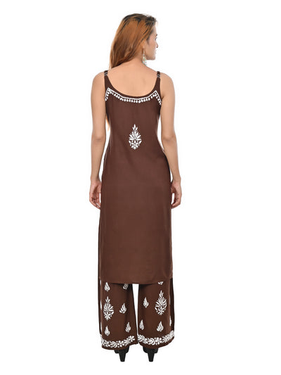 MS CHIKAN ARTS Women's Rayon Sleeveless Kurti with Palazzo Set, Lucknowi Chikankari Hand Embroidery