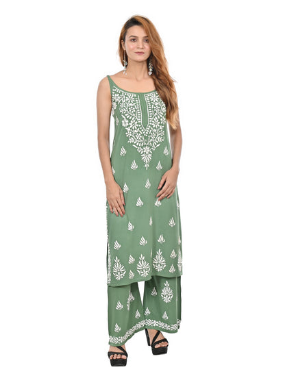 MS CHIKAN ARTS Women's Rayon Sleeveless Kurti with Palazzo Set, Lucknowi Chikankari Hand Embroidery