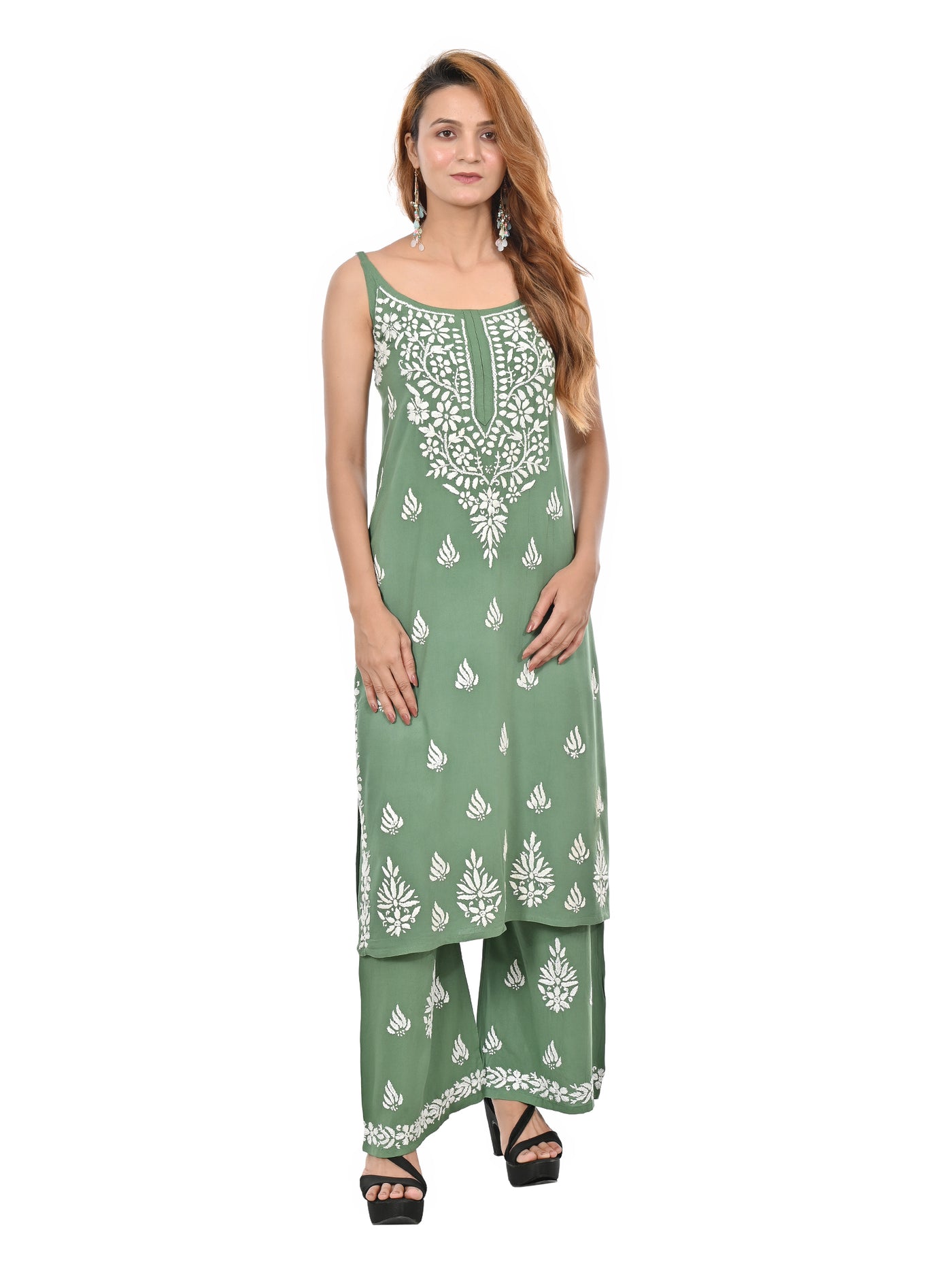 MS CHIKAN ARTS Women's Rayon Sleeveless Kurti with Palazzo Set, Lucknowi Chikankari Hand Embroidery