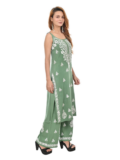 MS CHIKAN ARTS Women's Rayon Sleeveless Kurti with Palazzo Set, Lucknowi Chikankari Hand Embroidery
