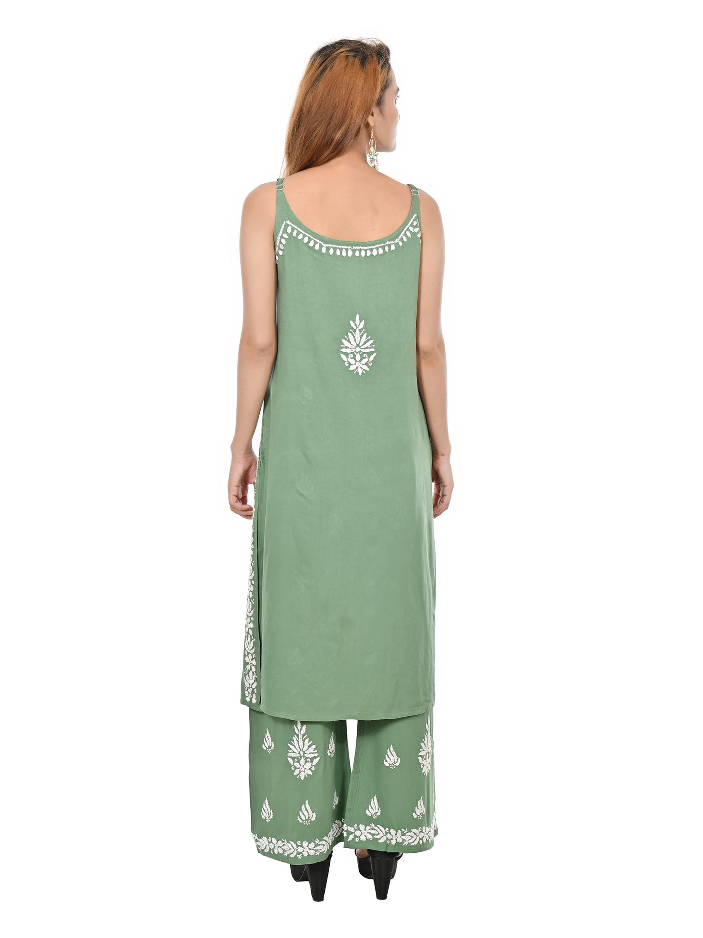 MS CHIKAN ARTS Women's Rayon Sleeveless Kurti with Palazzo Set, Lucknowi Chikankari Hand Embroidery