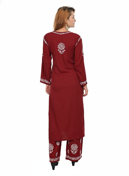 Handmade Embroidered Rayon Lucknowi Chikankari Plazo Set