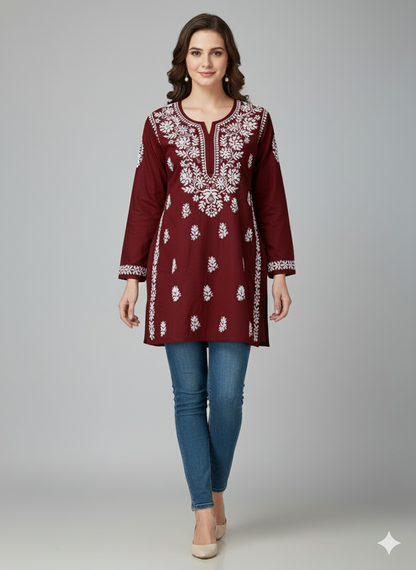 "Short Rayon Lucknowi Chikankari Kurti with Hand Embroidery"