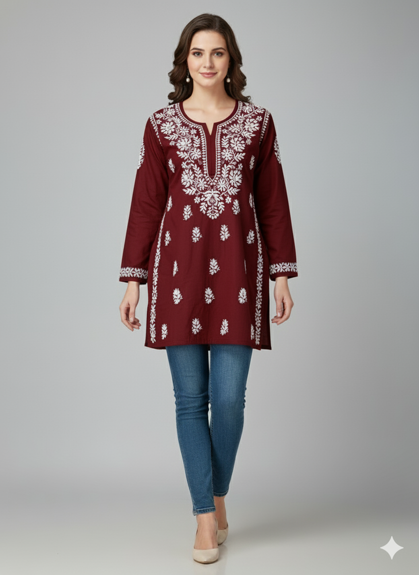 "Short Rayon Lucknowi Chikankari Kurti with Hand Embroidery"