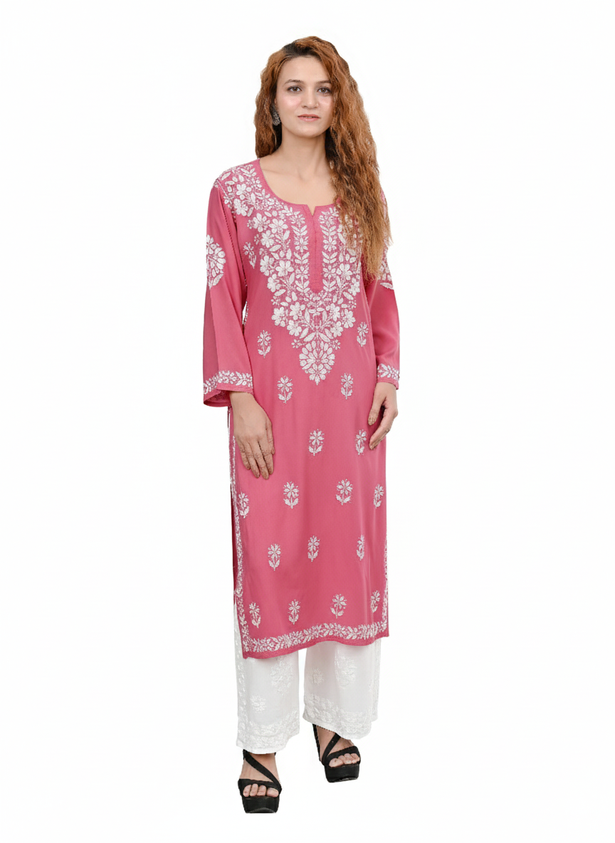 MS CHIKAN ARTS Women's Rayon Full Sleeve Lucknowi Chikankari Hand Work Round Neck Kurti