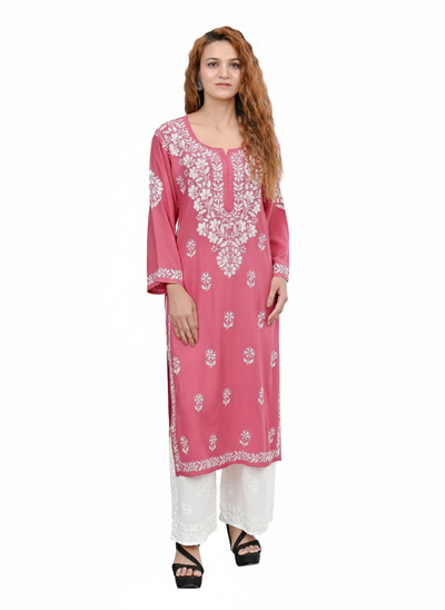 MS CHIKAN ARTS Women's Rayon Full Sleeve Lucknowi Chikankari Hand Work Round Neck Kurti