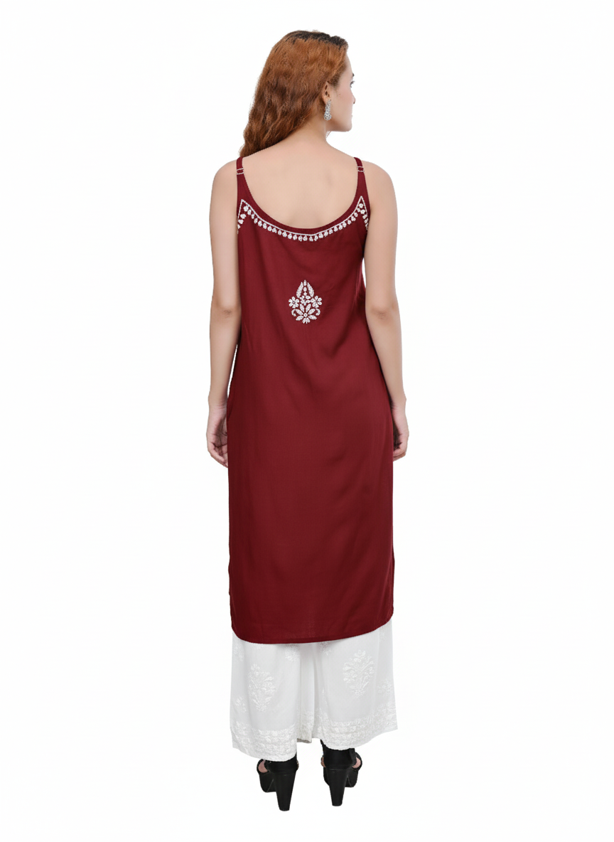 MS CHIKAN ARTS Women's Rayon Sleeveless Lucknowi Chikankari Hand Work Round Neck Kurti