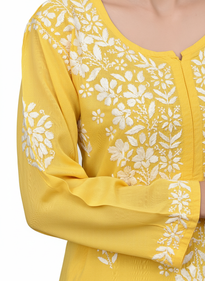 MS CHIKAN ARTS Women's Rayon Full Sleeve Lucknowi Chikankari Hand Work Round Neck Kurti