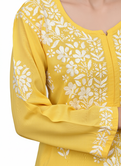 MS CHIKAN ARTS Women's Rayon Full Sleeve Lucknowi Chikankari Hand Work Round Neck Kurti