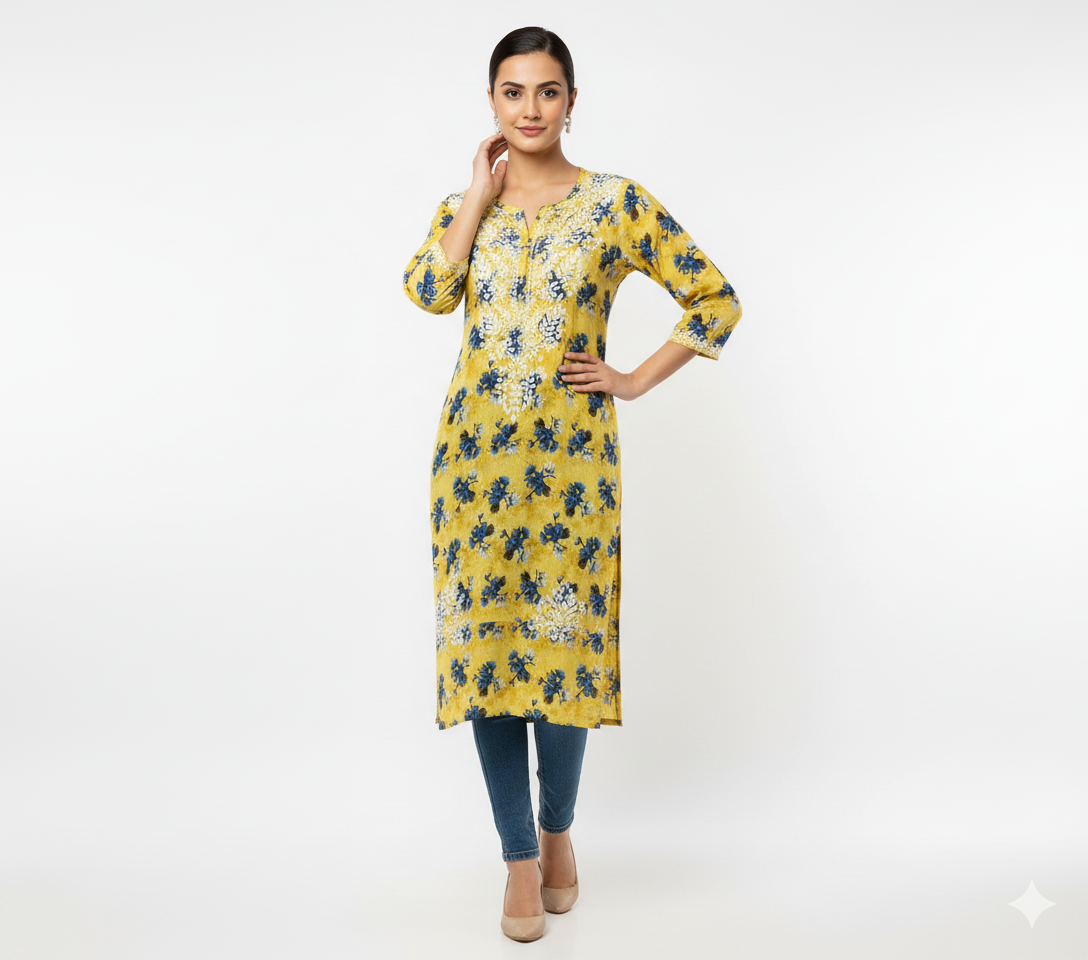 “Traditional Lucknowi Chikankari Printed Malmal Kurti with Hand Embroidery”