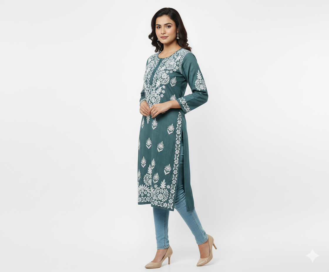 Lucknowi Chikankari Kurti Featuring Hand Embroidery