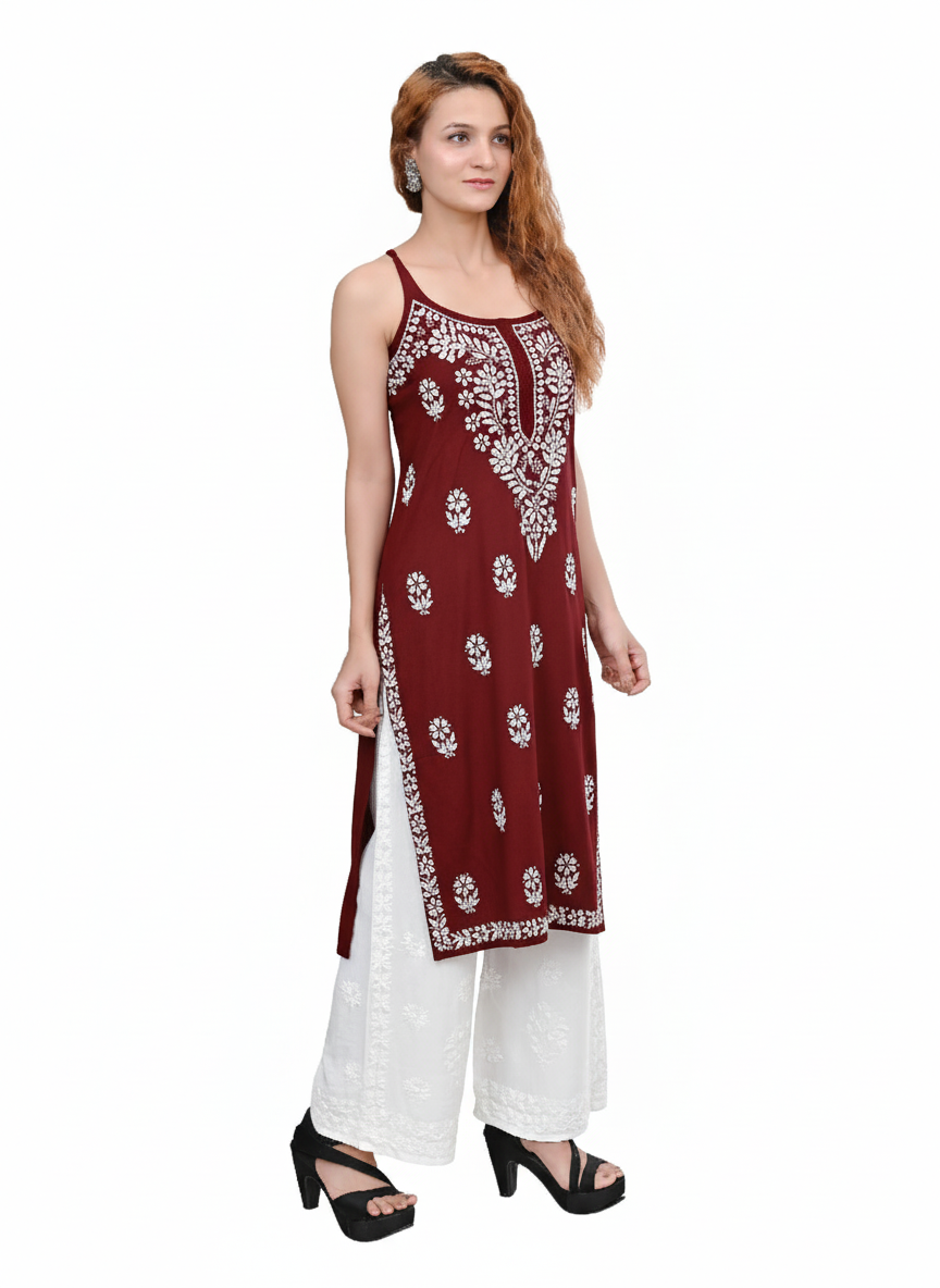 MS CHIKAN ARTS Women's Rayon Sleeveless Lucknowi Chikankari Hand Work Round Neck Kurti