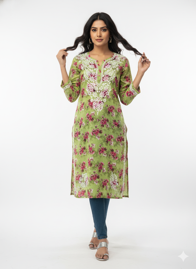 “Traditional Lucknowi Chikankari Printed Malmal Kurti with Hand Embroidery”