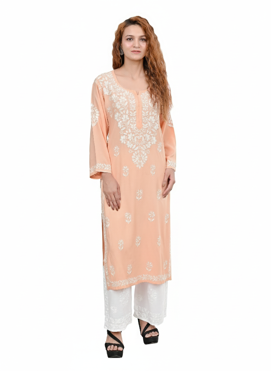 MS CHIKAN ARTS Women's Rayon Full Sleeve Lucknowi Chikankari Hand Work Round Neck Kurti