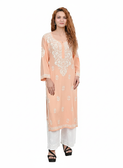 MS CHIKAN ARTS Women's Rayon Full Sleeve Lucknowi Chikankari Hand Work Round Neck Kurti