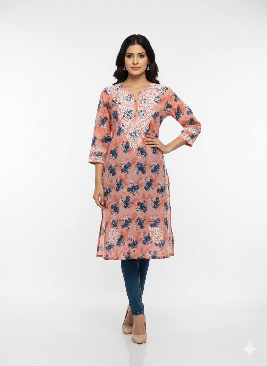“Traditional Lucknowi Chikankari Printed Malmal Kurti with Hand Embroidery”